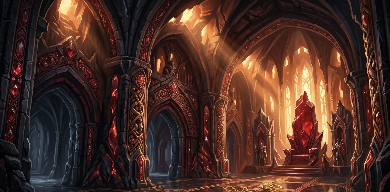 An opulent, jewel-toned subterranean hall within the Forest House, where the warm autumn light filtering from above sharply contrasts with the dark, oppressive architecture of Beron&rsquo;s cutthroat power.